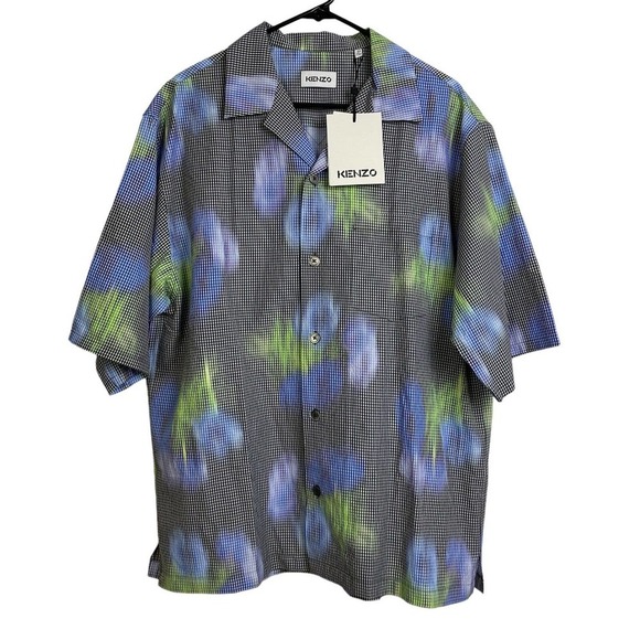 Kenzo Button Up Shirt 40 Mens Gingham Black Green Short Sleeve Watercolor Art